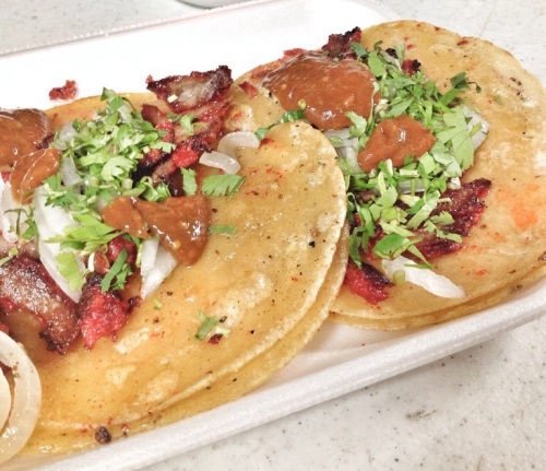 Tacos de trompo from an Oak Cliff cenuderia.
